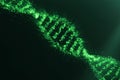 Concept of biochemistry with dna molecule on green background, Genetic engineering scientific concept, green tint. 3D