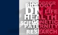 Concept of biochemistry with genome theme words list. Flag of France