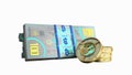 concept of bitcoin banknote and monet virtual money bills 3d render on white no shadow