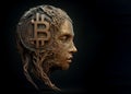 Concept of bitcoin economy innovation, human head business golden with bitcoin sign on black background
