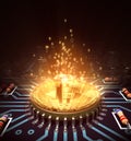 Concept Of Bitcoin Like A Computer Processor With Magic Digital Light