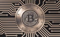Concept Of Bitcoin Like A Electronic Security Lock On Printed Circuit Board