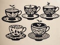 A Black And White Drawing Of Tea Cups And Saucers. Generative AI Royalty Free Stock Photo