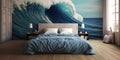 Concept of blanket made of an ocean wave on the bed, indoors, concept of Fluidity, created with Generative AI technology