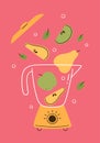 Concept of a blender for fruit smoothie. Food processor or electric mixer makes pear and apple cocktail. Healthy morning