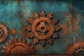 Blue and rusty steampunk banner with gears and wheels. Generative AI