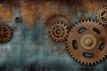 Blue and rusty steampunk banner with gears and wheels. Generative AI
