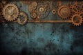 Blue and rusty steampunk banner with gears and wheels. Generative AI