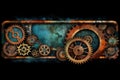 Blue and rusty steampunk banner with gears and wheels. Generative AI