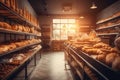Blurred organic, ecofriendly vegan grocery, bakery store with wooden wall, parquet floor, variety of bread, bun, snack on shelf, h