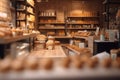 Blurred organic, ecofriendly vegan grocery, bakery store with wooden wall, parquet floor, variety of bread, bun, snack on shelf, h