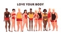 Concept of bodypositive. Female and male character of different body types