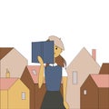 Concept book is source of knowledge.Cute girl reading book on background of old town - houses with colorful roofs in cartoon