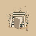 Concept: a book is a source of knowledge.Stack of books and book in form of open door to world of great possibilities.Tiny girl Royalty Free Stock Photo