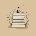 Concept: book is source of knowledge.A tiny African woman and cat reading book sitting on stack of books.Volumes with plants as