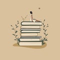 Concept: book is source of knowledge.A tiny African woman with friend sitting on stack of books.Volumes with plants as symbol of