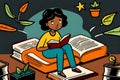 Concept, book is source of knowledge, tiny african woman lying on stack of books and reading book, pile of volumes surrounded by p