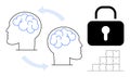 Concept of Brain Data Security with Human Heads and Puzzle Lock Elements Royalty Free Stock Photo