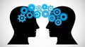 Concept of Brain storming, Knowledge sharing between to people head, this was shown through cogwheels