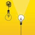 Concept of brainstorming and innovative ideas. Light bulbs on a yellow background, creative process. Vector illustration Royalty Free Stock Photo