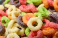 Concept of breakfast food, colorful corn flakes, close up Royalty Free Stock Photo