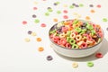 Concept of breakfast food, colorful corn flakes, close up Royalty Free Stock Photo