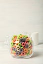 Concept of breakfast food, colorful corn flakes, close up Royalty Free Stock Photo