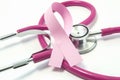 Concept of Breast Cancer. Pink ribbon near the pink-purple stethoscope doctor of breast screening, symbolizing the diagnosis, trea Royalty Free Stock Photo