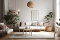 Bright modern living room with white sofa, floor lamp and green plant on wooden laminate, scandinavian style, cozy interior backgr Royalty Free Stock Photo