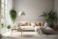 Bright modern living room with white sofa, floor lamp and green plant on wooden laminate, scandinavian style, cozy interior backgr Royalty Free Stock Photo