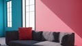 Bright Studio Living Room With Modular Couch And Stucco Mockup Embodies Scandinavian Minimalism With Stunning Panor. Generative AI Royalty Free Stock Photo