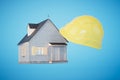 The concept of building a house. house and protective construction helmet on a blue background. 3D render