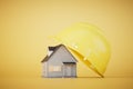 The concept of building a house. house and protective construction helmet on yellow background. 3D render