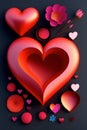 Concept building love. Related Heart and objects decorations on black background top view flat lay. Generative Ai