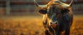 Intense Gaze: A Bull\'s Quiet Moment in the Arena. Concept Bull, Intense Gaze, Quiet Moment, Arena,