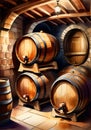 A Bunch Of Wine Barrels In A Cellar. Generative AI