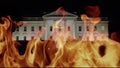 Concept of burning White House illustrating a Trump incitement and sedition that caused riots, insurrection and ravaging