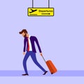 concept of burnout at work and being late for flight. latecomer is drooping bearded man in suit with red tie and travel bag on Royalty Free Stock Photo