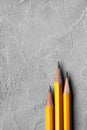 Concept of business, Back to school, three sharpened pencils on a background of gray plaster texture, space for text Royalty Free Stock Photo