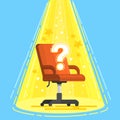 Concept of business hiring and recruiting. Office red chair with a question mark and icons. Royalty Free Stock Photo