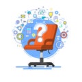 Concept of business hiring and recruiting. Office red chair with a question mark and icons. Royalty Free Stock Photo