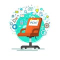 Concept of business hiring and recruiting. Office red chair with Vacant word and icons. Flat Royalty Free Stock Photo