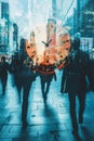 Concept of business hours with people walking overlaid by a dynamic time clock representation