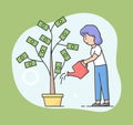 Concept Of Business Investment And Bring Profit. Young Businesswoman Is Watering Money Tree With Water. Successful