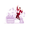 The concept of business, investment, and passive income. Happy businessman jumping high with money raining. Royalty Free Stock Photo