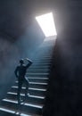 Concept of business man climbing stair on dark room black background with light metaphor to success. Photorealistic 3D rendering Royalty Free Stock Photo