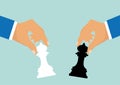 Vector of businessmen moving chess pieces as a symbol of rivalry corporate negotiation Royalty Free Stock Photo