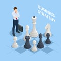 Concept business strategy. Isometric businessmen playing chess game reaching to plan strategy for success. Achieving Royalty Free Stock Photo