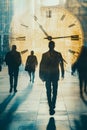 Concept of business timings with people walking and overlay of a time clock for visual impact Royalty Free Stock Photo