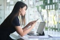 Concept business woman working and people happy businesswoman or creative female office worker with computers writing to notebook Royalty Free Stock Photo